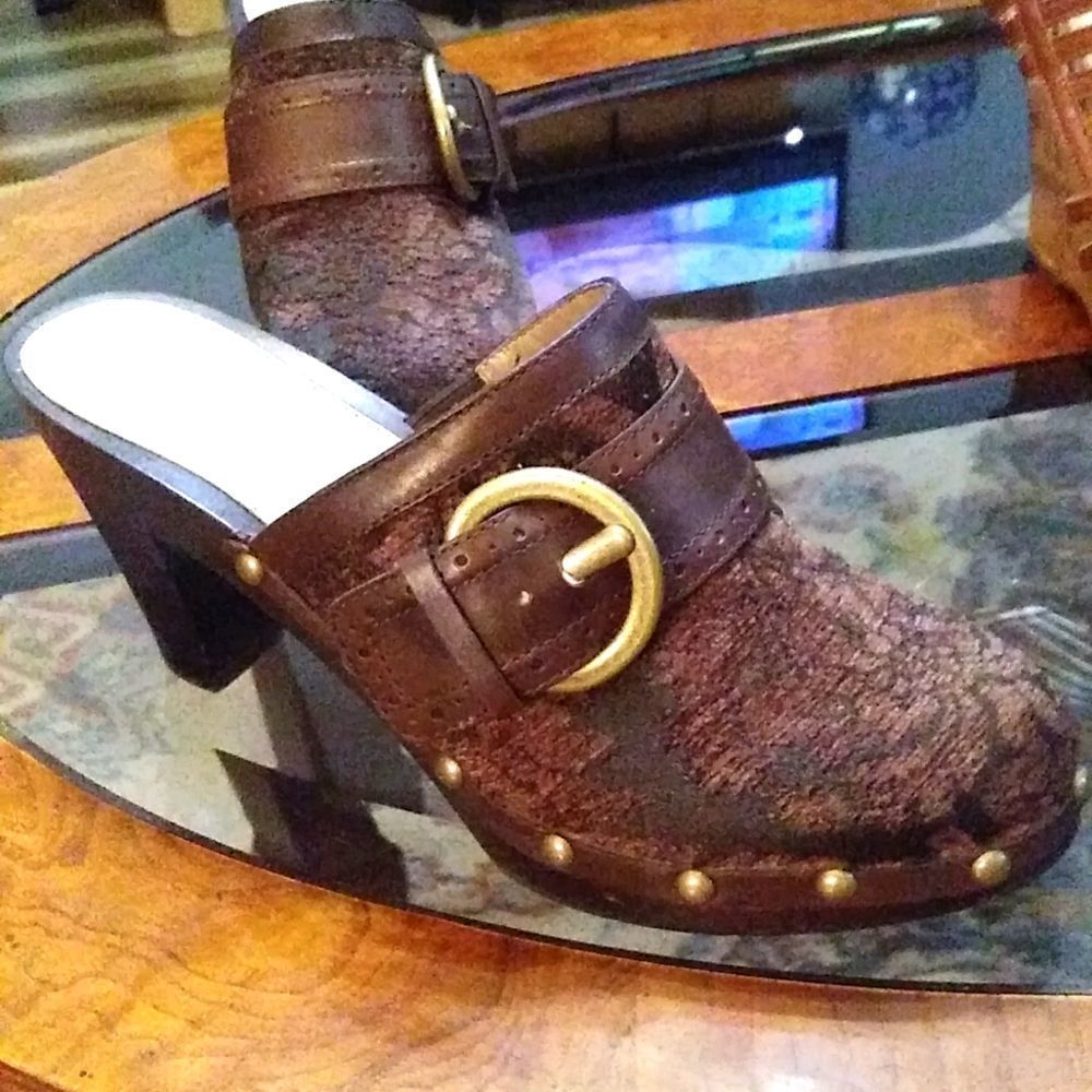 Liz Claiborne Brown Leather Studded Buckle Clogs